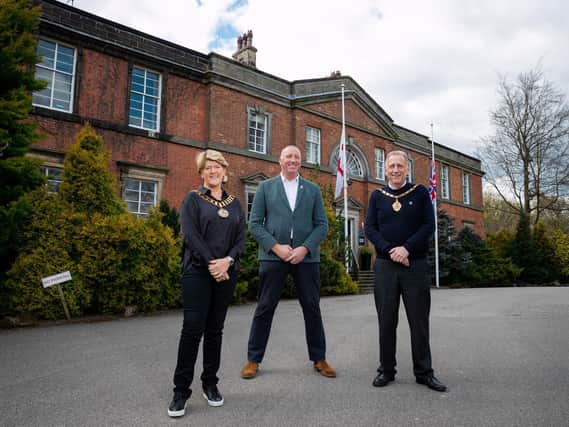 RFL chief executive Ralph Rimmer with the sport's president Clare Balding and vice-president Mike Smith at Red Hall. Picture by RFL.
