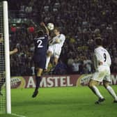 SO CLOSE: Lee Bowyer's header hits the crossbar as Leeds United and Valencia have to settle for a goalless draw in the Champions League semi-final at Elland Road of May 2, 2001. Photo by Alex Livesey/ALLSPORT via Getty Images.