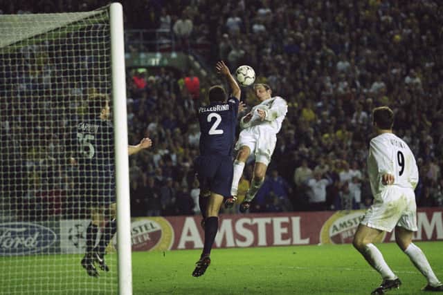 SO CLOSE: Lee Bowyer's header hits the crossbar as Leeds United and Valencia have to settle for a goalless draw in the Champions League semi-final at Elland Road of May 2, 2001. Photo by Alex Livesey/ALLSPORT via Getty Images.