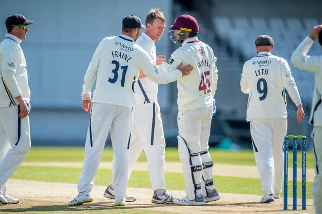 Yorkshire's Steven Patterson celebrates victory by one run over Northamptonshire. Picture by Allan McKenzie/SWpix.com