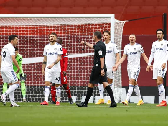 EVENTFUL OPENER - Leeds United had two penalties awarded against them at Liverpool on the first day of the season, with Michael Oliver as referee and Paul Tierney as VAR. The duo take the same roles for the visit to Elland Road of Spurs on Saturday. Pic: Getty