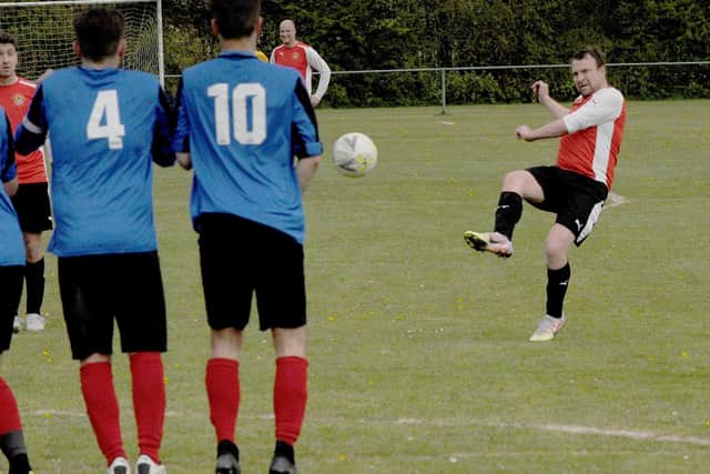 Luke Harrop scores from a free kick for Old Centralians in their 4-3 Division 2 reverse to Altofts. Picture: Steve Riding.