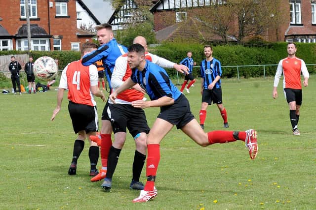 Jamie Colvin heads wide for Altofts during their seven-goal Division 2 thriller at Old Centralians. Picture: Steve Riding.
