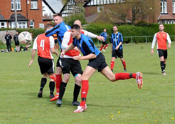 Jamie Colvin heads wide for Altofts during their seven-goal Division 2 thriller at Old Centralians. Picture: Steve Riding.