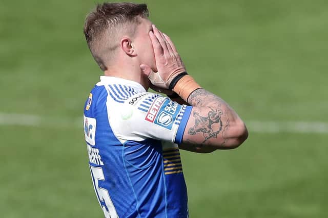 Leeds Rhinos' Liam Sutcliffe rues a missed drop kick during the Betfred Super League match at the John Smith's Stadium against hosts, Huddersfield Giants. Picture:: Richard Sellers/PA Wire.