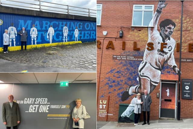 Leeds United Supporters’ Trust welcomed Roger and Carol Speed to visit the mural which was commissioned by Bramley based business Showoff Design and Display.