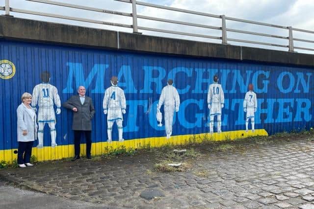 Leeds United Supporters Trust welcomed Roger and Carol Speed to visit the mural which was commissioned by Bramley based business Showoff Design and Display.