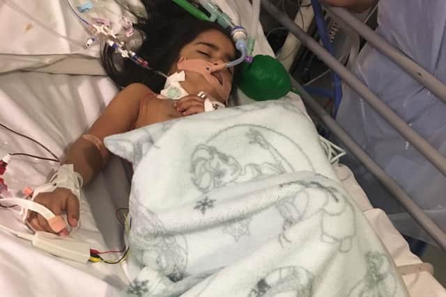 Alayna Ramzan pictured at Leeds Children's Hospital after her heart surgery in February