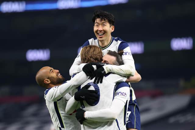 THREATS: Gareth Bale, middle, celebrates with Harry Kane, bottom, Lucas Moura, left, and Son Heung-Min, top, after scoring Tottenham's second goal in March's 4-1 victory at home to Crystal Palace. Photo by Julian Finney/Getty Images.
