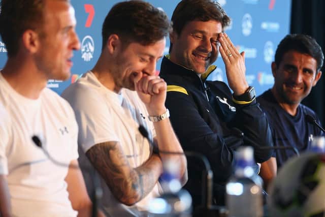 CONNECTION: Ryan Mason, second left, and Mauricio Pochettino, third left, share a joke during a Tottenham press conference in Sydney back in May 2015. Photo by Cameron Spencer/Getty Images.