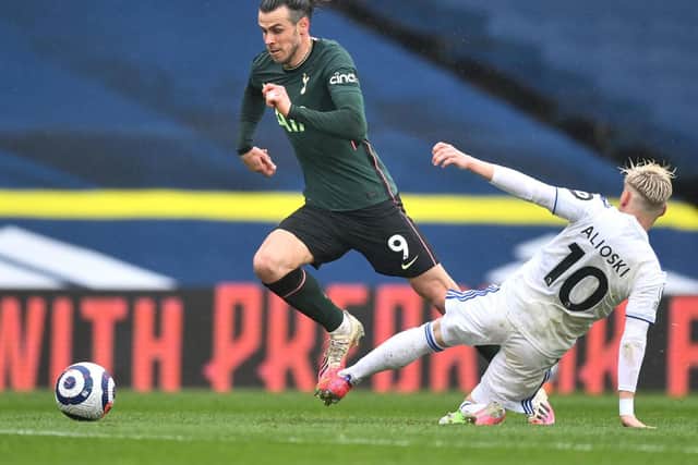 NUISANCE: Tottenham's Gareth Bale gets away from Leeds United man marker Gjanni Alioski, but not for long. Photo by MICHAEL REGAN/POOL/AFP via Getty Images.