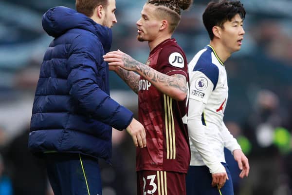 KEY MEN: Leeds United's England international midfielder Kalvin Phillips, centre, with Tottenham's Harry Kane, left, and Son Heung-Min, right, after January's 3-0 defeat in north London. Photo by IAN WALTON/POOL/AFP via Getty Images.