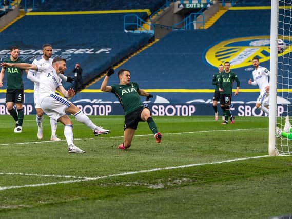 OPENER: Stuart Dallas fires Leeds United in front against Tottenham Hotspur. Picture by Bruce Rollinson.