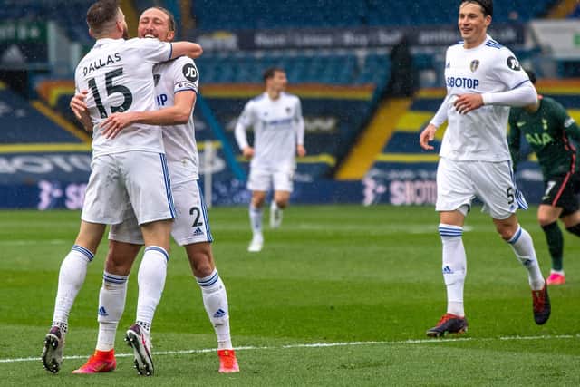 Leeds United celebrate Stuart Dallas' opener against Tottenham Hotspur. Pic: Bruce Rollinson