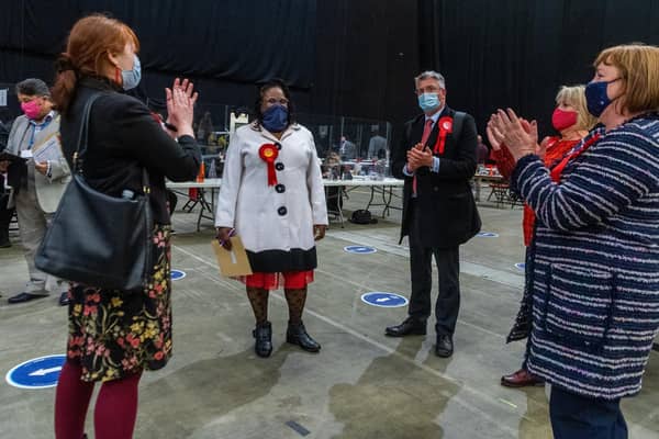 Pictured (centre) Councillor Sharon Hamilton, Deputy Executive Member, for Ward: Moortown, celebrating her win. (photo: James Hardisty)