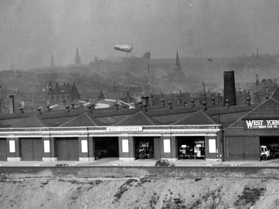 The escaped barrage balloon is pictured drifting over the West Yorkshire Bus Depot on Roseville Road.