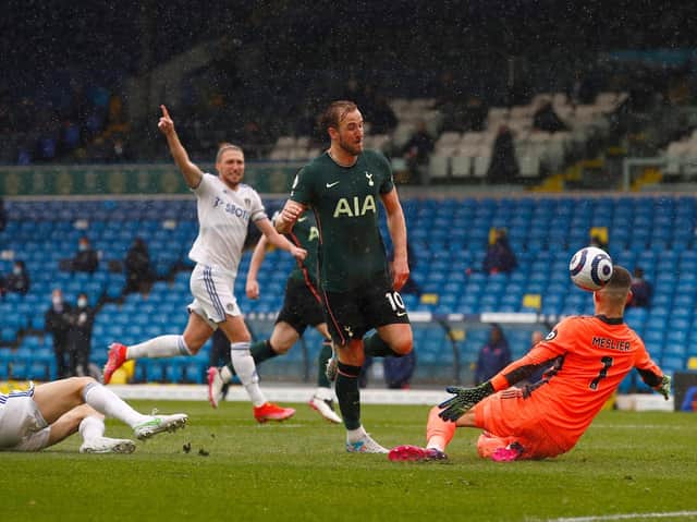 Tottenham Hotspur striker Harry Kane scores an offside goal at Elland Road. Pic: Getty