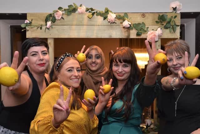 Katy Winship (second from right) is pictured at the Lemonade Spring Ball in March 2021 with fellow 'Lemonadies' (from L to R) Charlotte Henley, Carys Barker, Sadaf Adnan and Nina Britton.