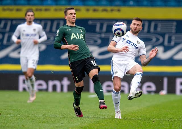 Stuart Dallas clears from Giovani Lo Ceslo as Leeds United defeated Tottenham Hotspur. (Picture: Bruce Rollinson)