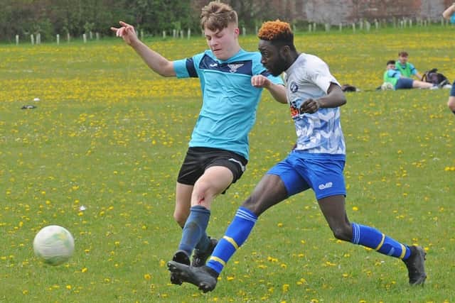 Four-goal Abubacary Camara scores for Old Crooked Clock against Swarcliffe. Picture: Steve Riding.