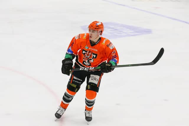 Kieran Brown, pictured in action during the Spring Cup for Telford Tigers, is backed to one day make the GB senior team. Picture courtesy of Andy Bourke/Podium Pictures.