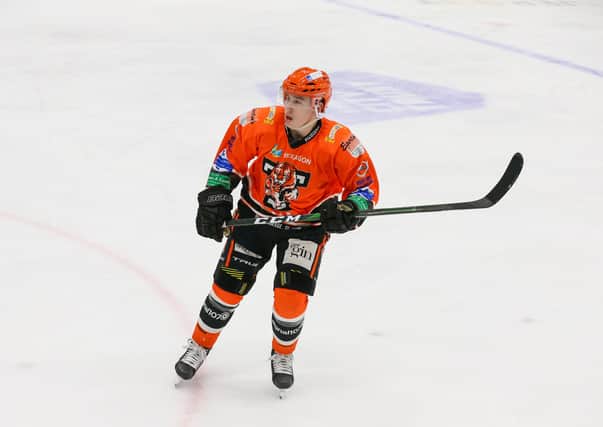 Kieran Brown, pictured in action during the Spring Cup for Telford Tigers, is backed to one day make the GB senior team. Picture courtesy of Andy Bourke/Podium Pictures.