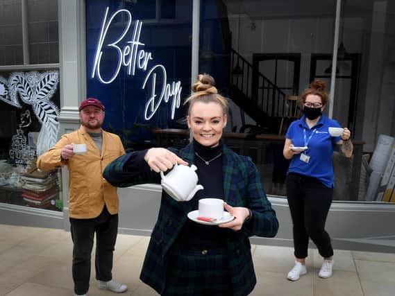 Pictured outsidee at Better Days, Grand Arcade, Leeds, from (L to  R) are Danny Bulmer from Good Footing, Vicky Fytche owner of Better Days Coffee House and Charli Brunning from Leeds Mind

Picture by Simon Hulme