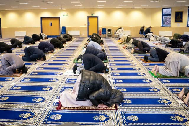 Worshipers at the Leeds Makkah Mosque in Yorkshire ahead of the start of Eid al-Fitr. The celebration marks the end of the Muslim month of fasting, called Ramadan. Picture date: Wednesday May 12, 2021.