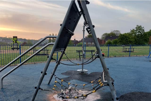 This shocking picture shows the aftermath of vandalism at a newly refurbished Leeds park.