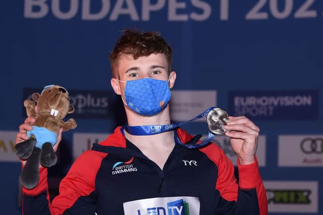 Great Britain's Jack Laugher with his silver medal after the men's 1m springboard final at the Diving event during the European Aquatics Championships. Picture: Attila Kisbenedek/Getty Images.