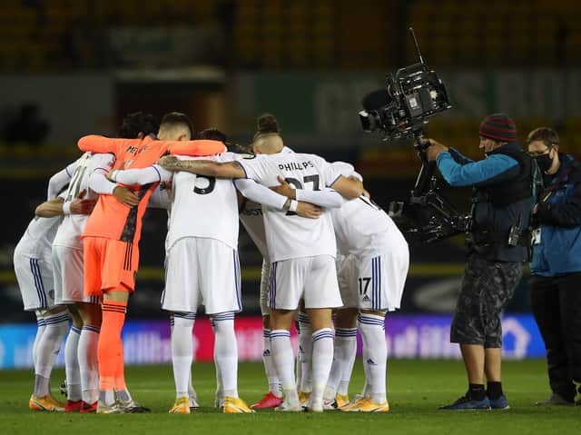 Leeds United in a huddle ahead of kick-off at Elland Road. Pic: Getty