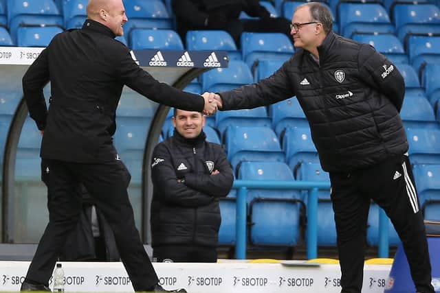 MUTUAL RESPECT: Between Burnley boss Sean Dyche, left, and Leeds United head coach Marcelo Bielsa, right, pictured before December's Premier League clash at Elland Road. Photo by NIGEL FRENCH/POOL/AFP via Getty Images.