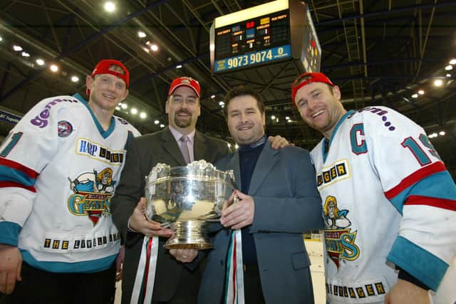 SUCCESS: Dave Whistle, second left, pictured with Colin Ward, Jim Graves and captain Jeff Hoad after winning the 2001-2002 Superleague Championship with Belfast Giants. Picture: Michael Cooper/Getty Images