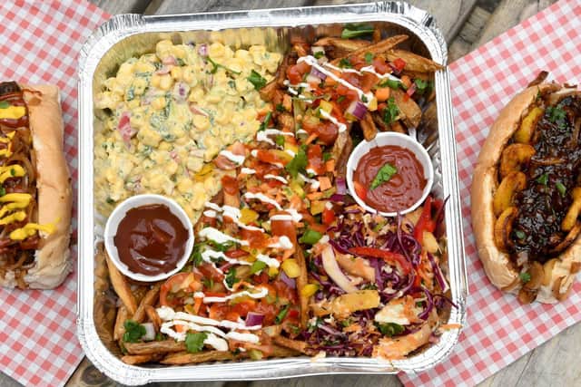 Soul Box's spring offering is a vegan street food tray including two loaded hot dogs