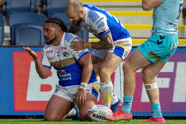 In the corner: Konrad Hurrell scores the Rhinos second try.
 Picture Bruce Rollinson