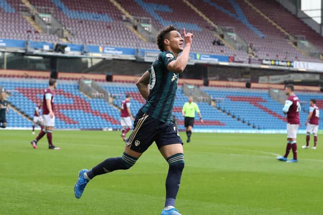 QUICK DOUBLE: Leeds United's record signing Rodrigo celebrates scoring the first goal of his rapid brace in Saturday's romp at Burnley. Photo by Martin Rickett - Pool/Getty Images.
