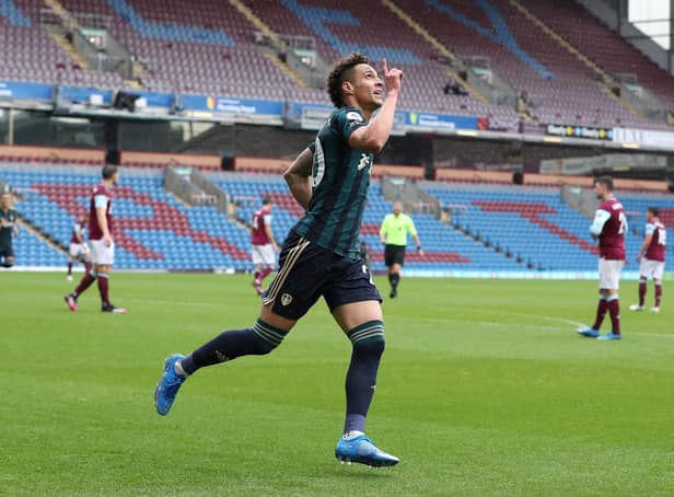 QUICK DOUBLE: Leeds United's record signing Rodrigo celebrates scoring the first goal of his rapid brace in Saturday's romp at Burnley. Photo by Martin Rickett - Pool/Getty Images.