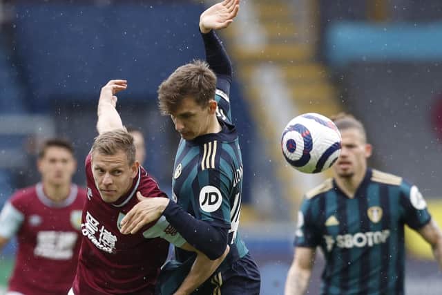 Diego Llorente of Leeds United tackles Burnley's Matej Vydra. Picture: Darren Staples/Sportimage.