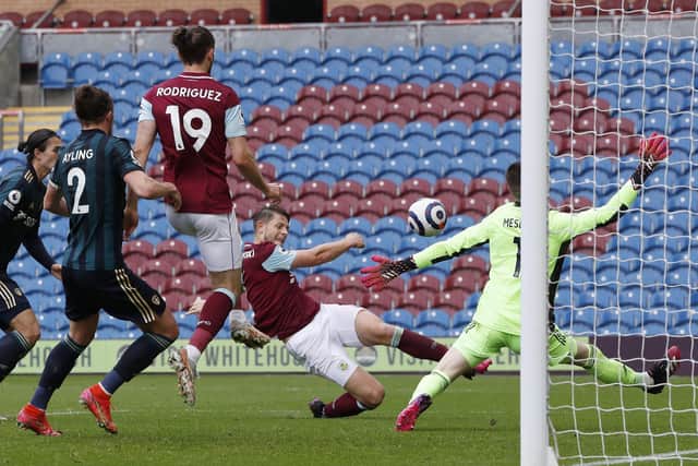 Illan Meslier saves a shot by James Tarkowski of Burnley. Picture: Darren Staples/Sportimage.