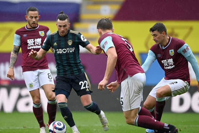 IN THE HUNT: Leeds United winger Jack Harrison draws in Josh Brownhill, James Tarkowski and Matthew Lowton during Saturday's 4-0 victory against Burnley at Turf Moor. Photo by Gareth Copley/Getty Images.