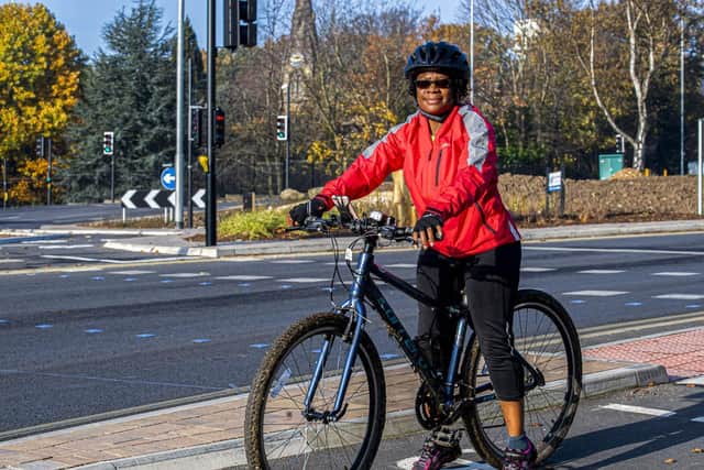 Woman on her bike at Moortown roundabout. Photo: Leeds City Council