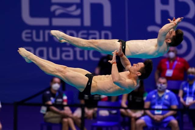Thomas Daley of Great Britain and Matthew Lee of Great Britain compete in the Men's Synchronised 10M Platform Final during the LEN European Aquatics Championships Diving at Duna Arena on May 15, 2021 in Budapest (Picture: Andre Weening/BSR Agency/Getty Images)