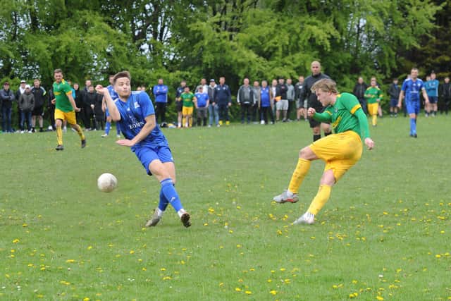Joe Tasker delights the crowd with a goal for Main Line Social against HT Sports. Picture: Steve Riding.