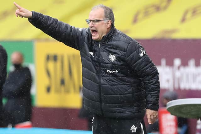 RELENTLESS: Whites head coach Marcelo Bielsa, pictured shouting the instructions with as much enthusiasm as ever in Saturday's 'dead rubber' at Burnley. Photo by MARTIN RICKETT/POOL/AFP via Getty Images.