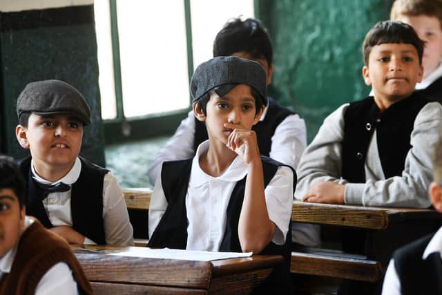 Pupils from Manor Wood Primary School take part in Victorian classroom lessons at Leeds Industrial Museum. Picture : Jonathan Gawthorpe
