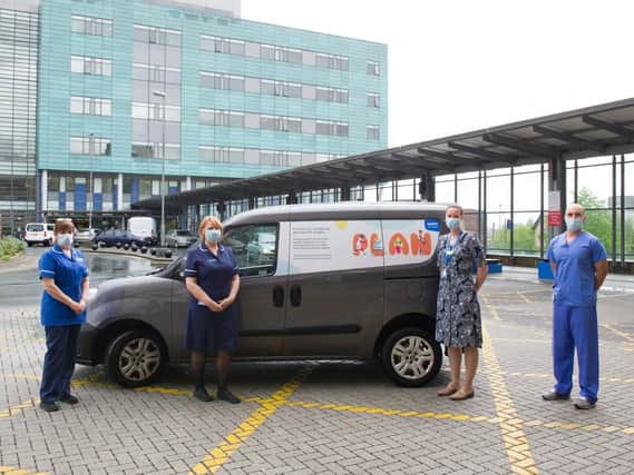Pictured with a Shape Up 4 Surgery branded Leeds Teaching Hospitals delivery van are, from left: Suzanne Ling, Pre-Assessment Sister; Ann-Marie Jones, Pre-Assessment Senior Sister; Sophie Blow, Clinical Lead; Martyn Robertson, Consultant Anaesthetist.