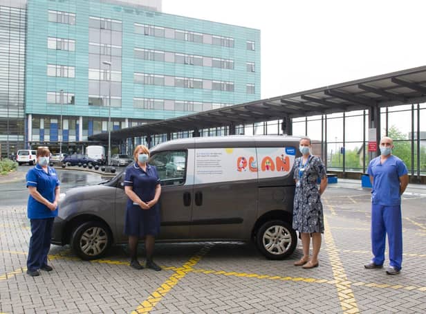 Pictured with a Shape Up 4 Surgery branded Leeds Teaching Hospitals delivery van are, from left: Suzanne Ling, Pre-Assessment Sister; Ann-Marie Jones, Pre-Assessment Senior Sister; Sophie Blow, Clinical Lead; Martyn Robertson, Consultant Anaesthetist.