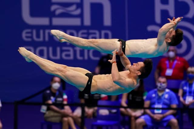 Laid back: Matty Lee, top, and his 10m synchro partner Tom Daley, bottom, in action during the European Aquatics Championships final in Budapest last week. (Picture: Getty Images)