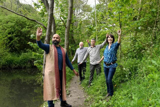 Kali Chandrasegaram a dancer from the Balbir Singh Dance Company showcasing Odissi Dance in Gledhow Valley Woods to some of the Fiends of Gledhow Valley Woods (left to right: David Miles, Adrian Coltman and Natalie Tharraleas) credit: Gary Longbottom