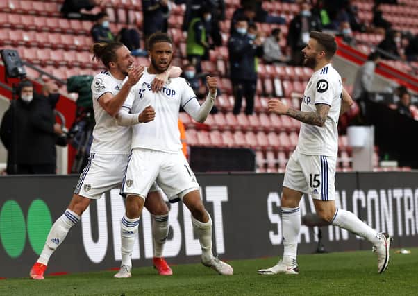 Leeds United's Tyler Roberts (centre) celebrates scoring at Southampton (Picture: PA)